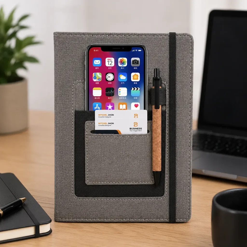 Soft Gray A5 Notebook With Mobile Pocket, Card Holder Pocket & Pen Loop
