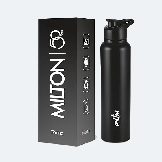 MILTON Torino 1000 Stainless Steel Water Bottle, Leakproof Lid, Single Walled, ISI Certified I 980 ml, Black