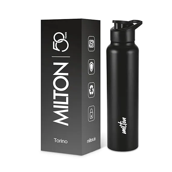 MILTON Torino 1000 Stainless Steel Water Bottle, Leakproof Lid, Single Walled, ISI Certified I For School, Office, Gym I 980 ml, Black